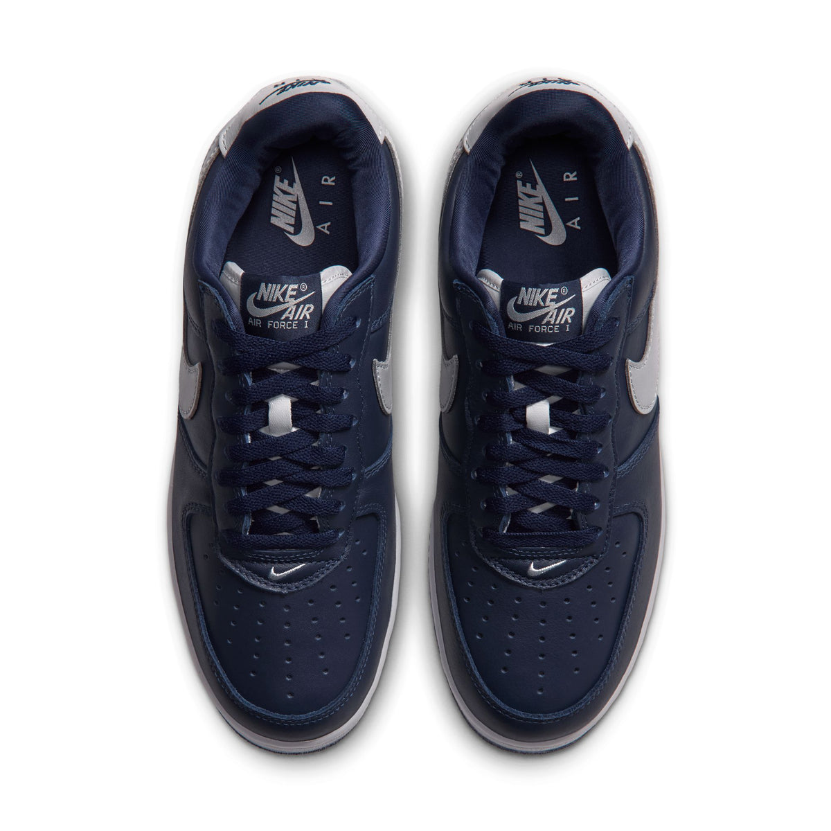 Nike Air Force 1 '01 pair, top view, College Navy leather uppers with Lt Smoke Grey Swooshes and Nike Air tongue labels