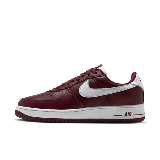 Nike Air Force 1 '01 side view in Dark Team Red leather with White Swoosh, heel tab and midsole with AIR logo