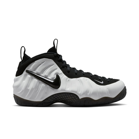 Nike Air Foamposite Pro Premium side view, Summit White molded shell, black Swoosh, black upper and sole