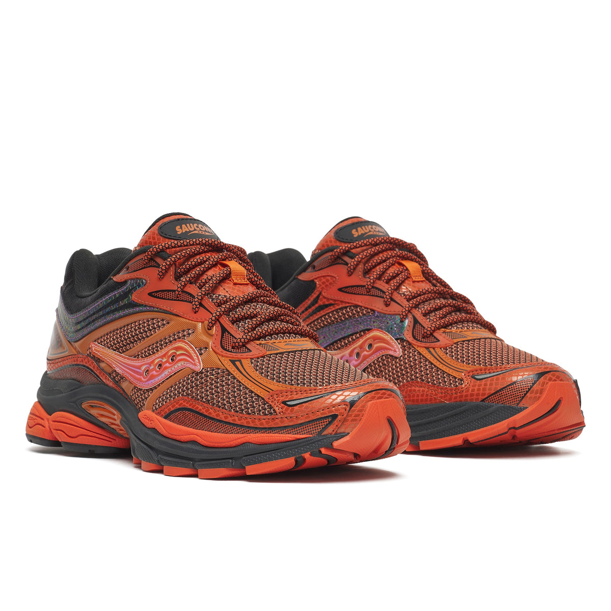 Saucony ProGrid Omni 9 in Copper Glow, pair in front view with orange mesh, iridescent logo and black sole