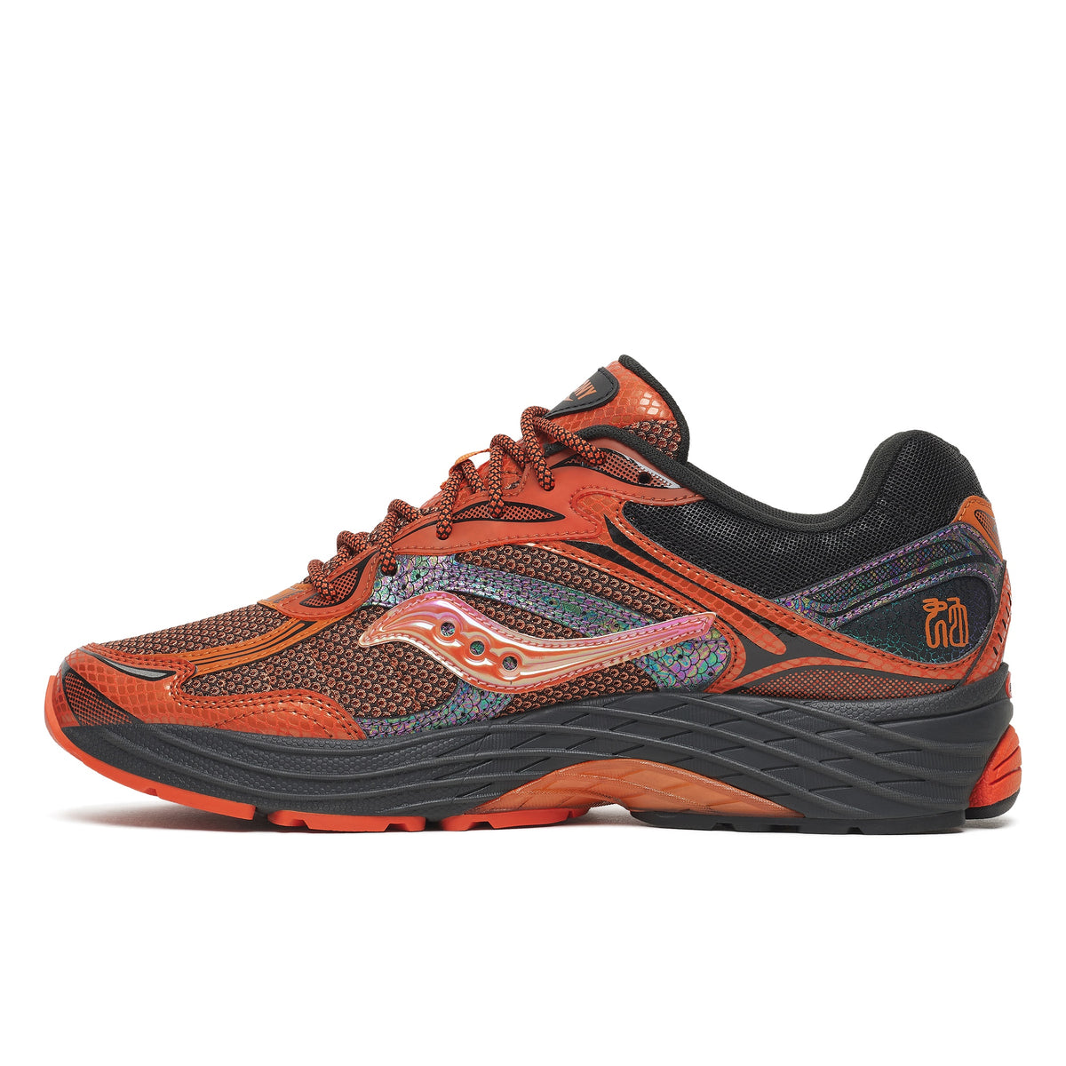 Saucony ProGrid Omni 9 Copper Glow side view, orange snakeskin mesh upper, iridescent overlays, gray midsole