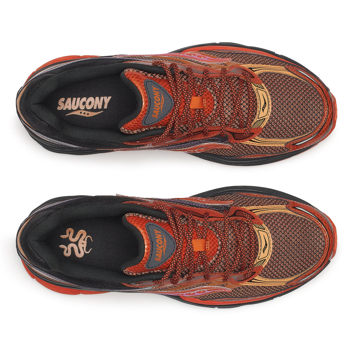 Saucony ProGrid Omni 9 top view of pair in Copper Glow, copper mesh, black lining, Saucony and snake insole logos