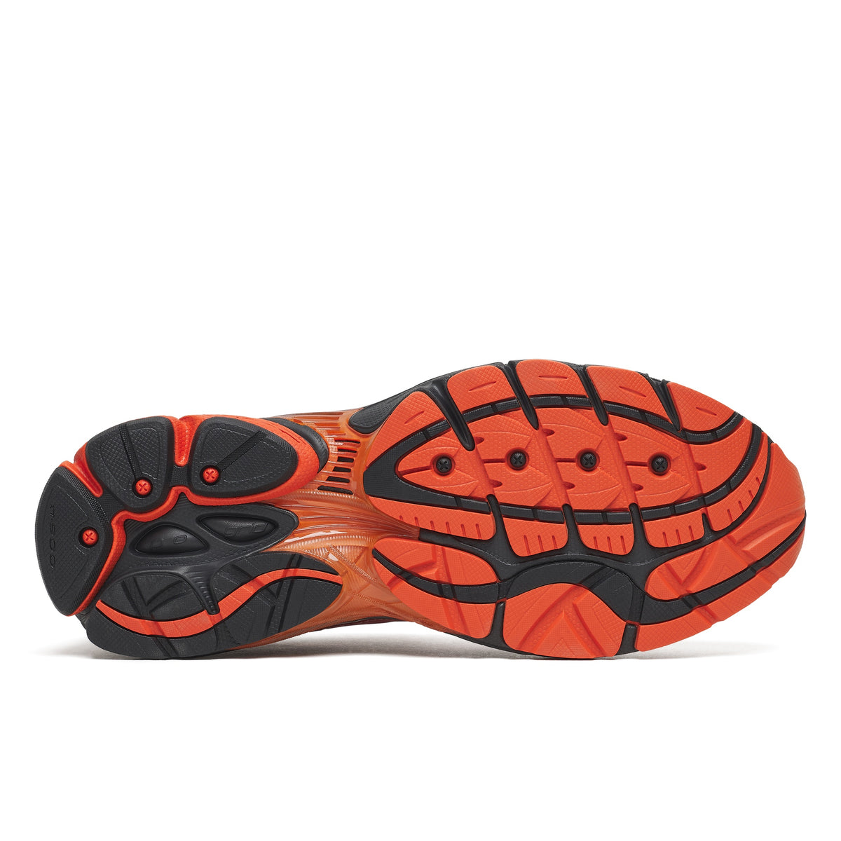 Saucony ProGrid Omni 9 sole view in Copper Glow, orange and black tread pattern with translucent orange midfoot