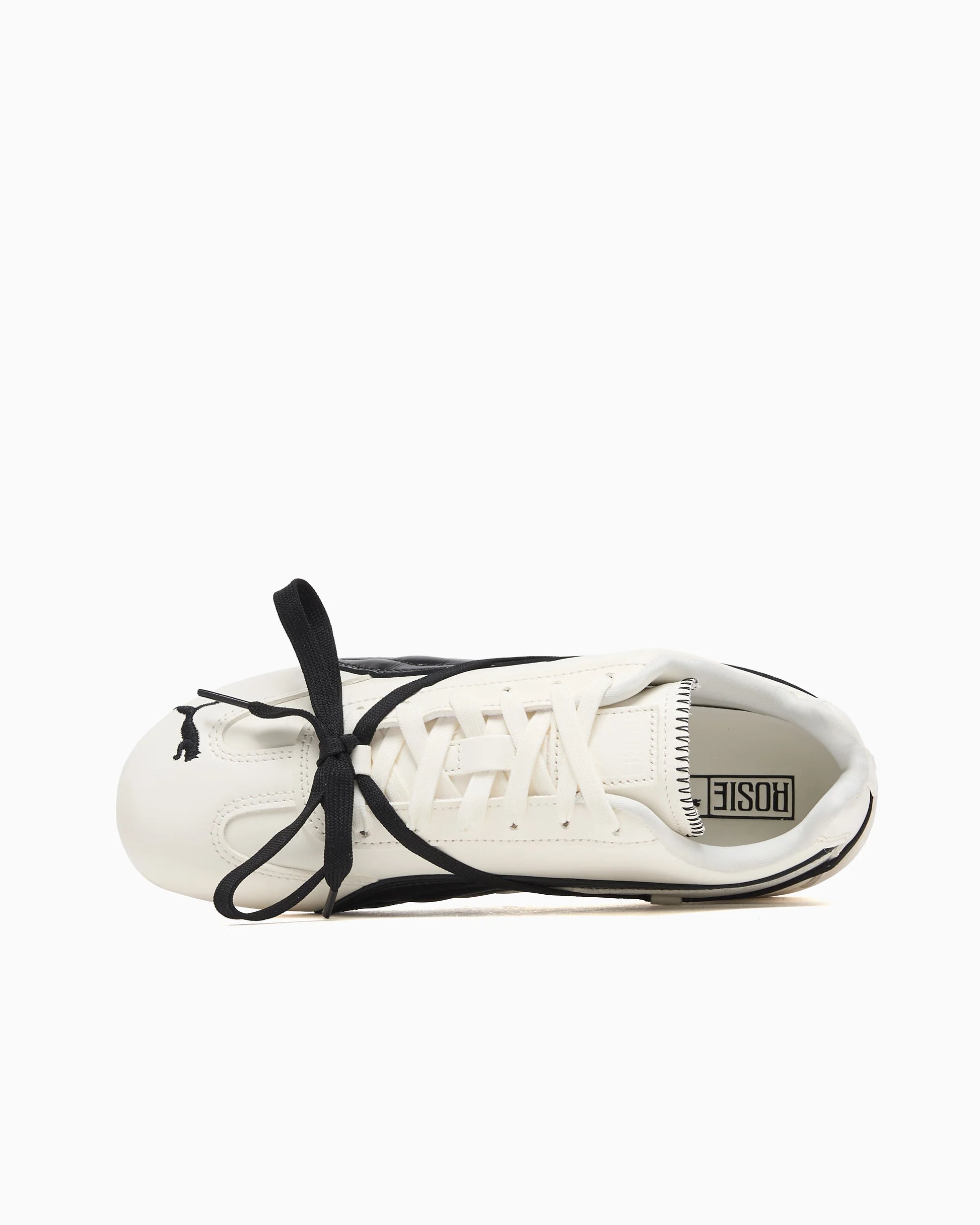 White sneaker with black laces on a white background