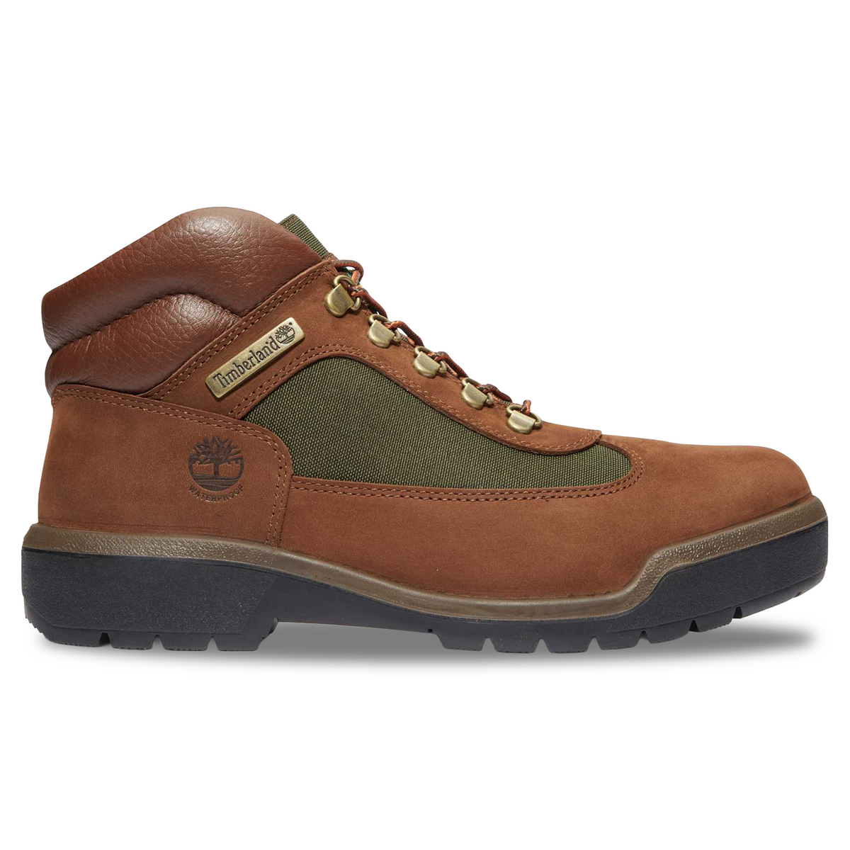 Timberland Field Boot side view in Dark Brown Nubuck with olive canvas panel, padded leather collar, black lug sole