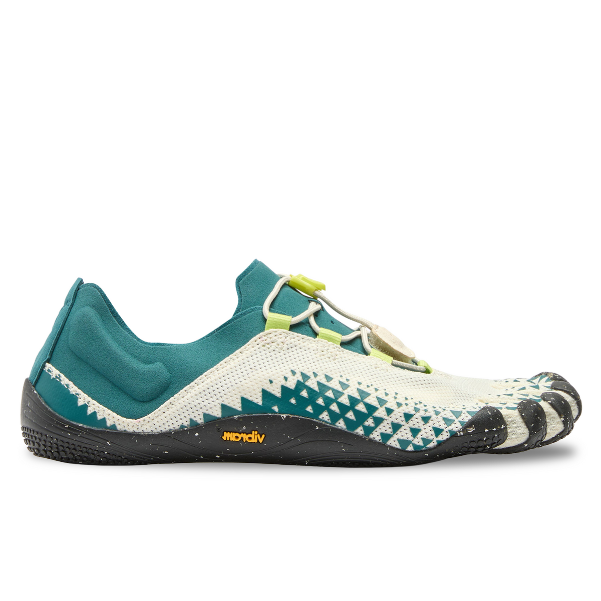 Vibram FiveFingers Groundsplay LS side view in Ivory / Deep Lake, teal triangle knit, toggle lace, black toe sole