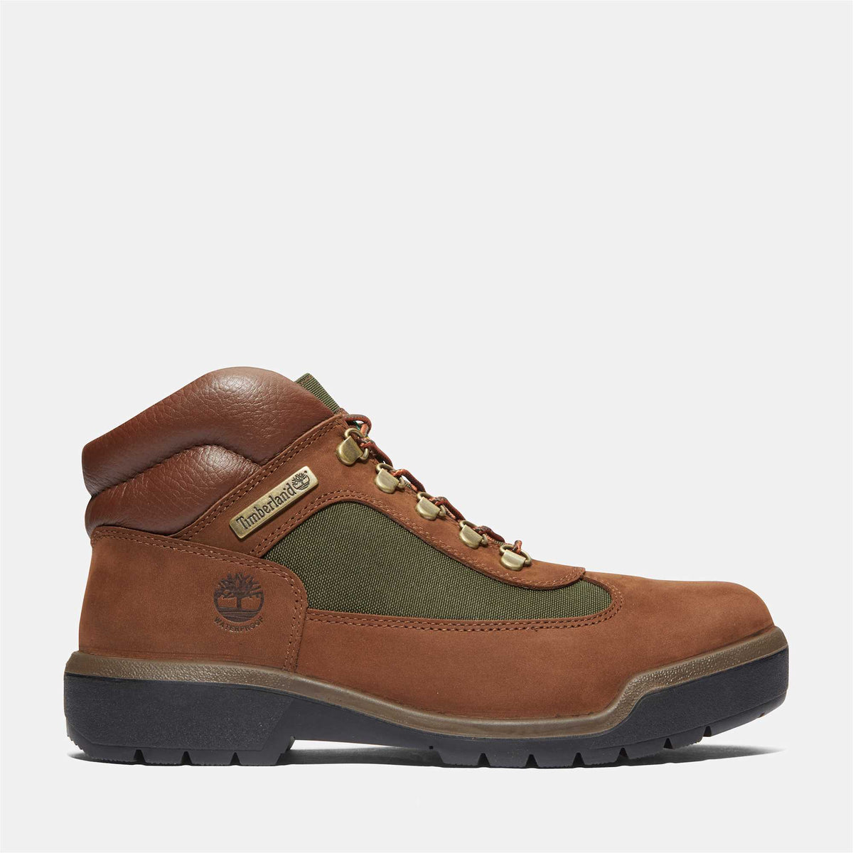 Timberland Field Boot side view in Dark Brown Nubuck with olive canvas panels, leather collar and brass eyelets