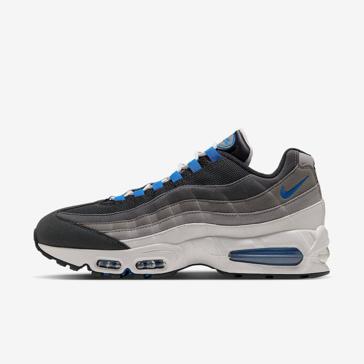 Nike Air Max 95 Big Bubble side view, Anthracite to Lt Graphite gradient panels, Blue Spark eyelets and visible Air units