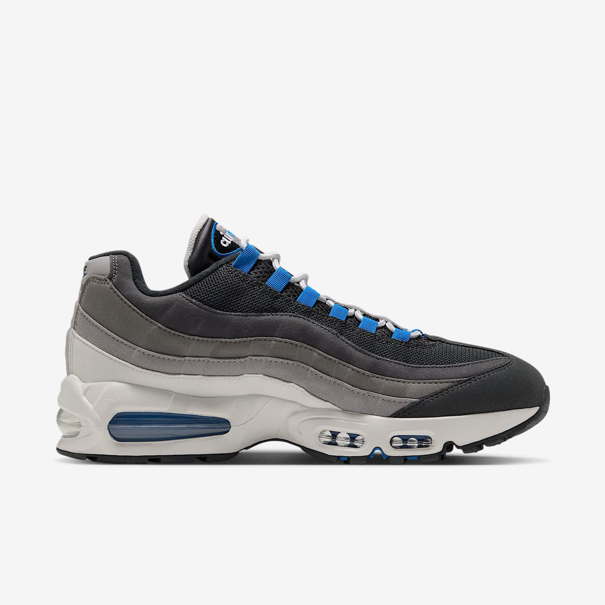 Nike Air Max 95 Big Bubble side view, Anthracite to Lt Graphite gradient panels, Blue Spark eyelets and Air units
