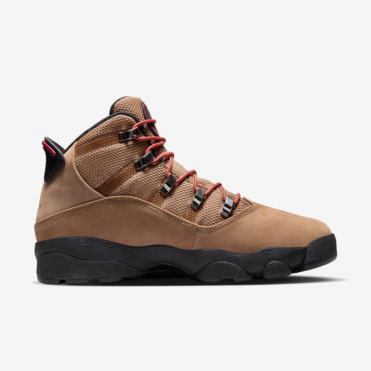 Jordan Winterized 6 Rings side view in Rocky Tan nubuck and mesh, Black sole, Varsity Red laces and metal hooks