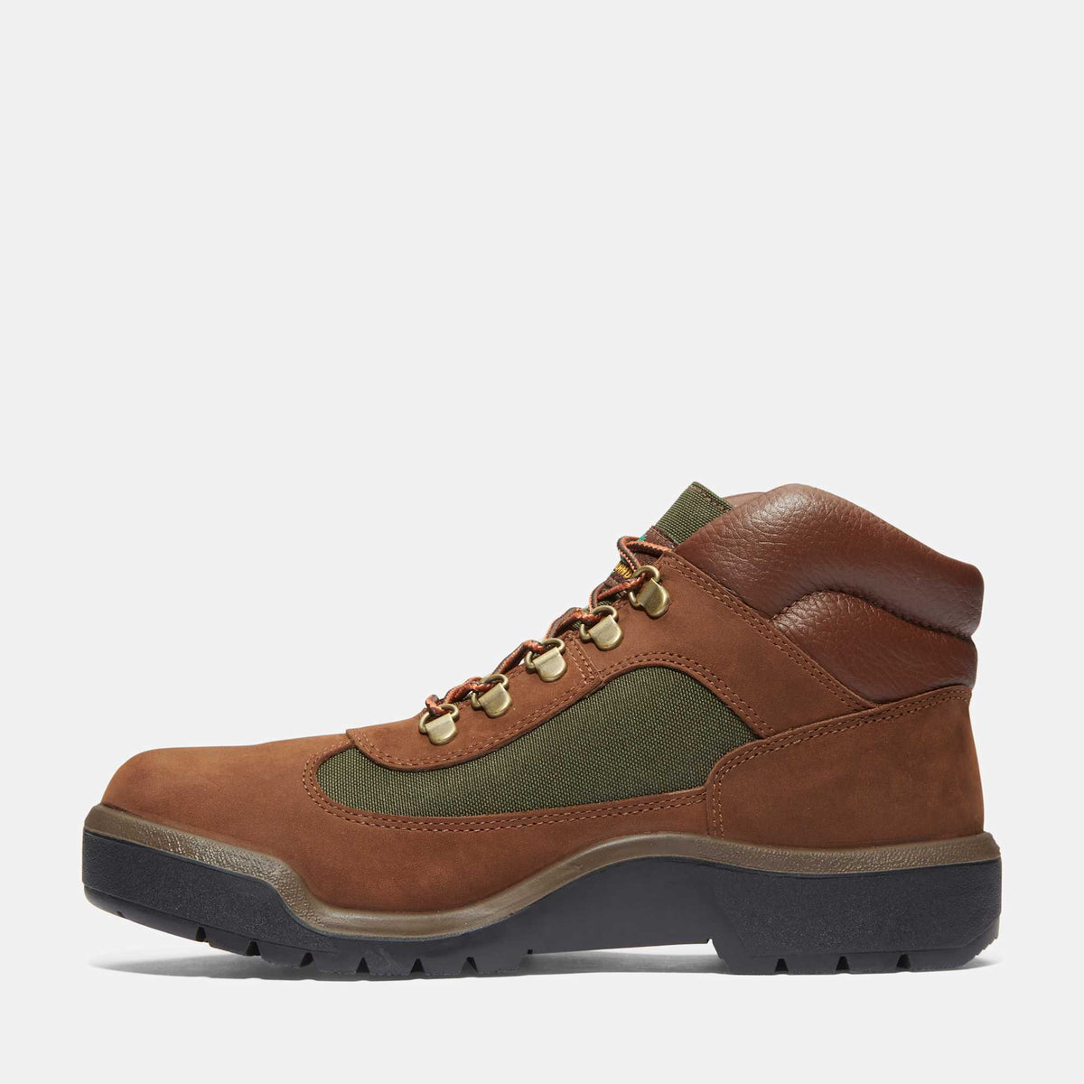 Timberland Field Boot side view in Dark Brown Nubuck with olive canvas panel, brass hooks and black lug sole