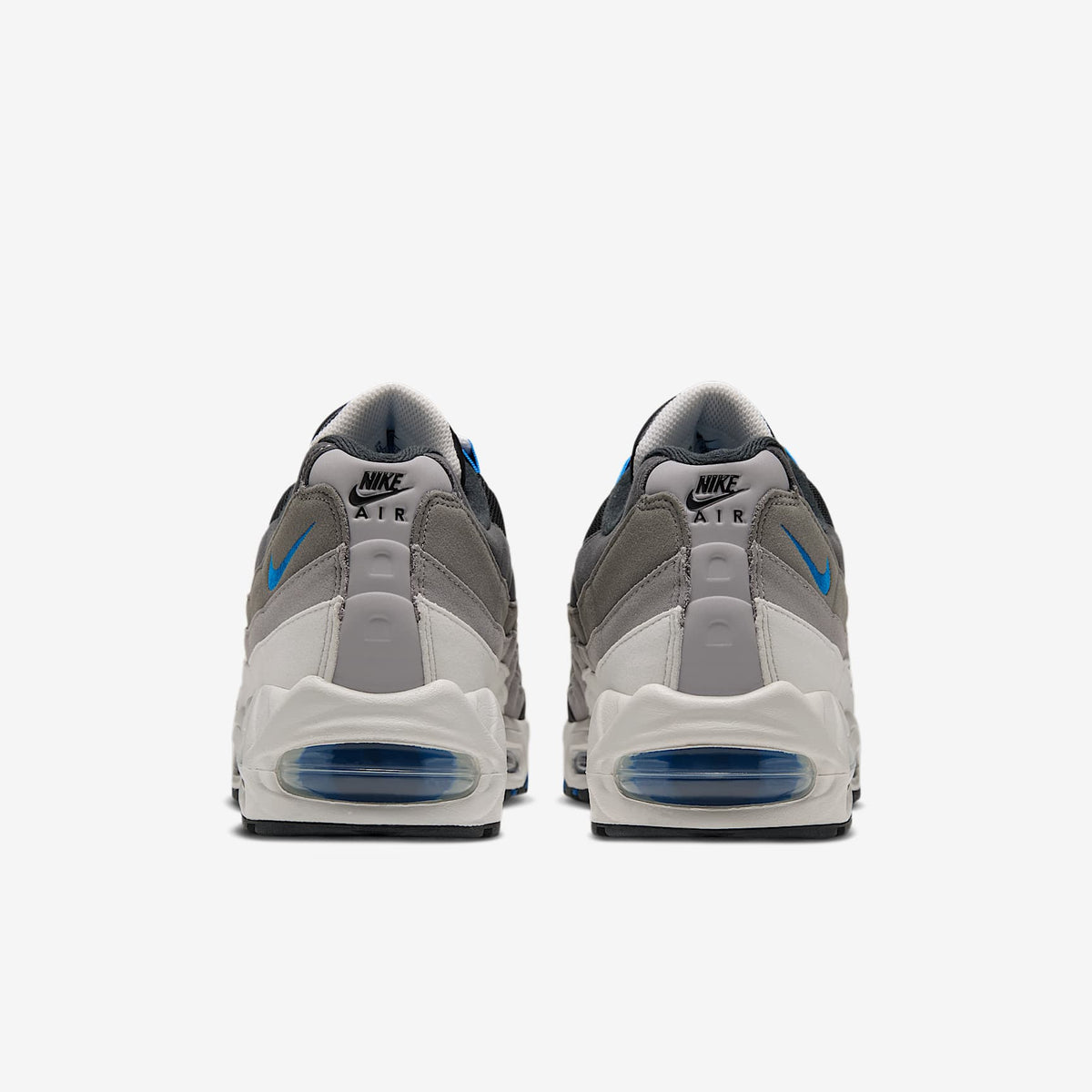 Nike Air Max 95 Big Bubble back view of pair in Anthracite/Blue Spark-Lt Graphite with blue heel Air units