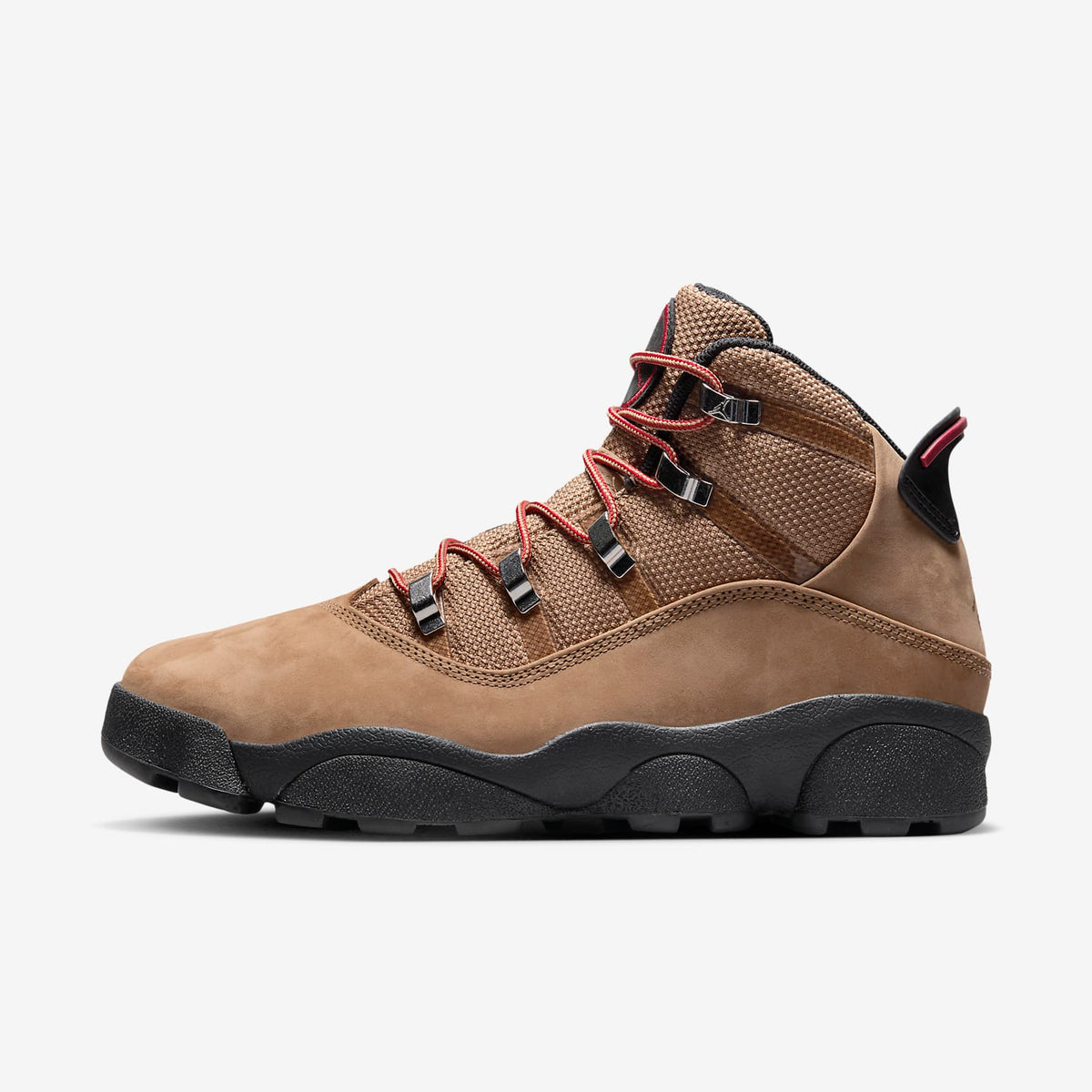 Jordan Winterized 6 Rings side view in Rocky Tan nubuck and mesh with black sole and Varsity Red laces