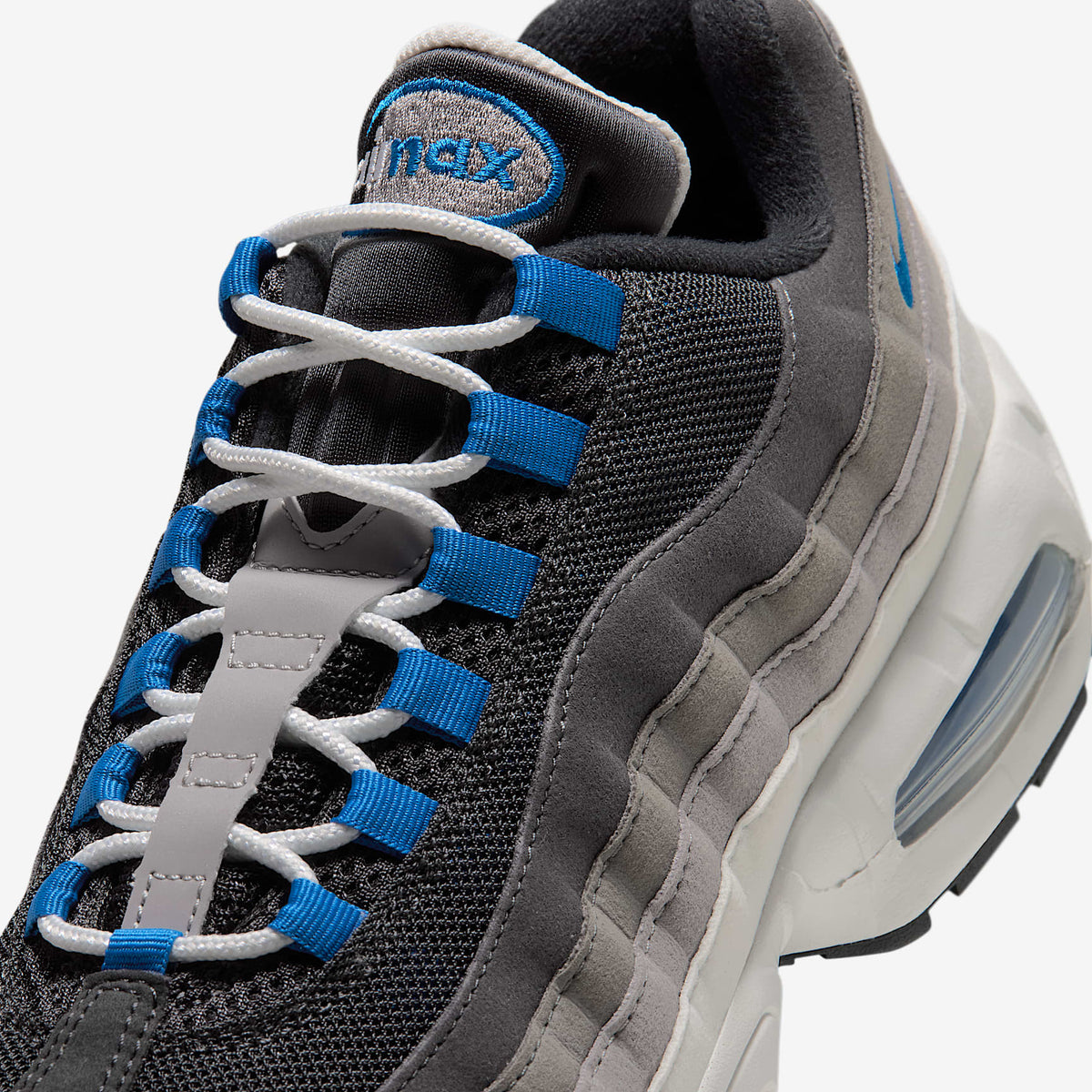 Nike Air Max 95 Big Bubble close-up of blue lace loops, white laces and grey gradient panels in Anthracite/Blue Spark