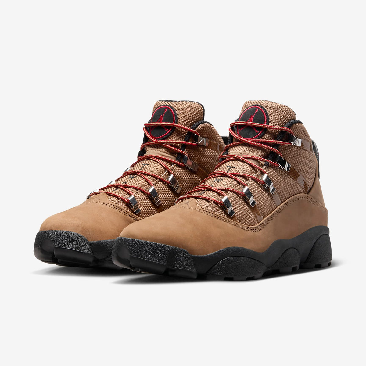 Jordan Winterized 6 Rings pair in Rocky Tan/Black-Varsity Red, tan nubuck, red laces, silver hooks, black lug sole