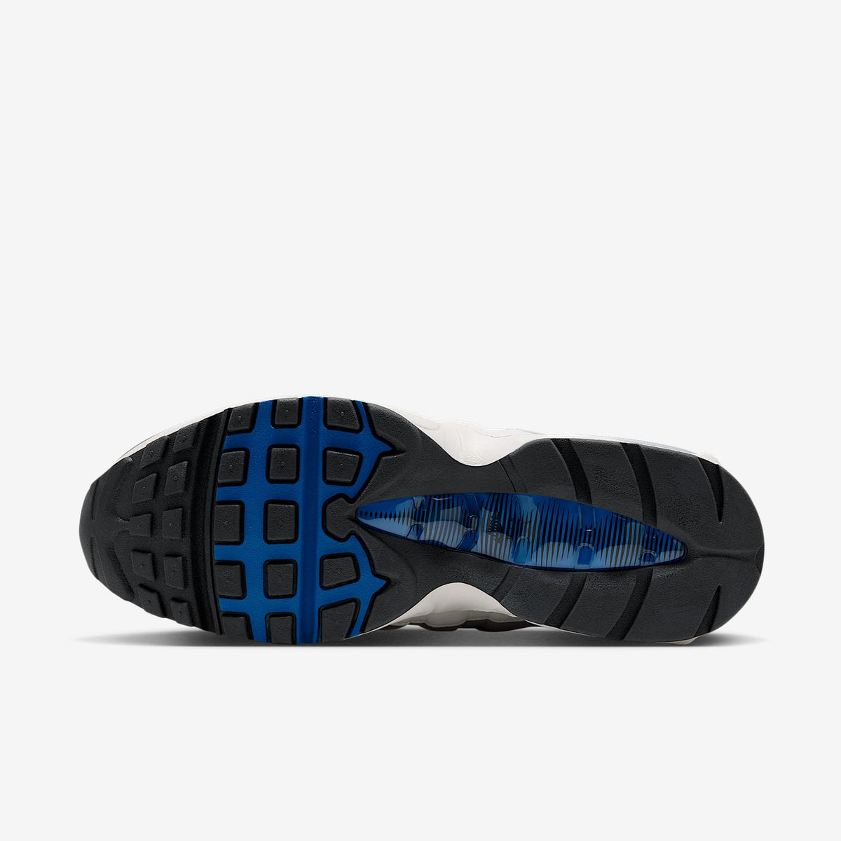 Nike Air Max 95 Big Bubble sole view, Anthracite rubber outsole with Blue Spark forefoot and visible Air unit