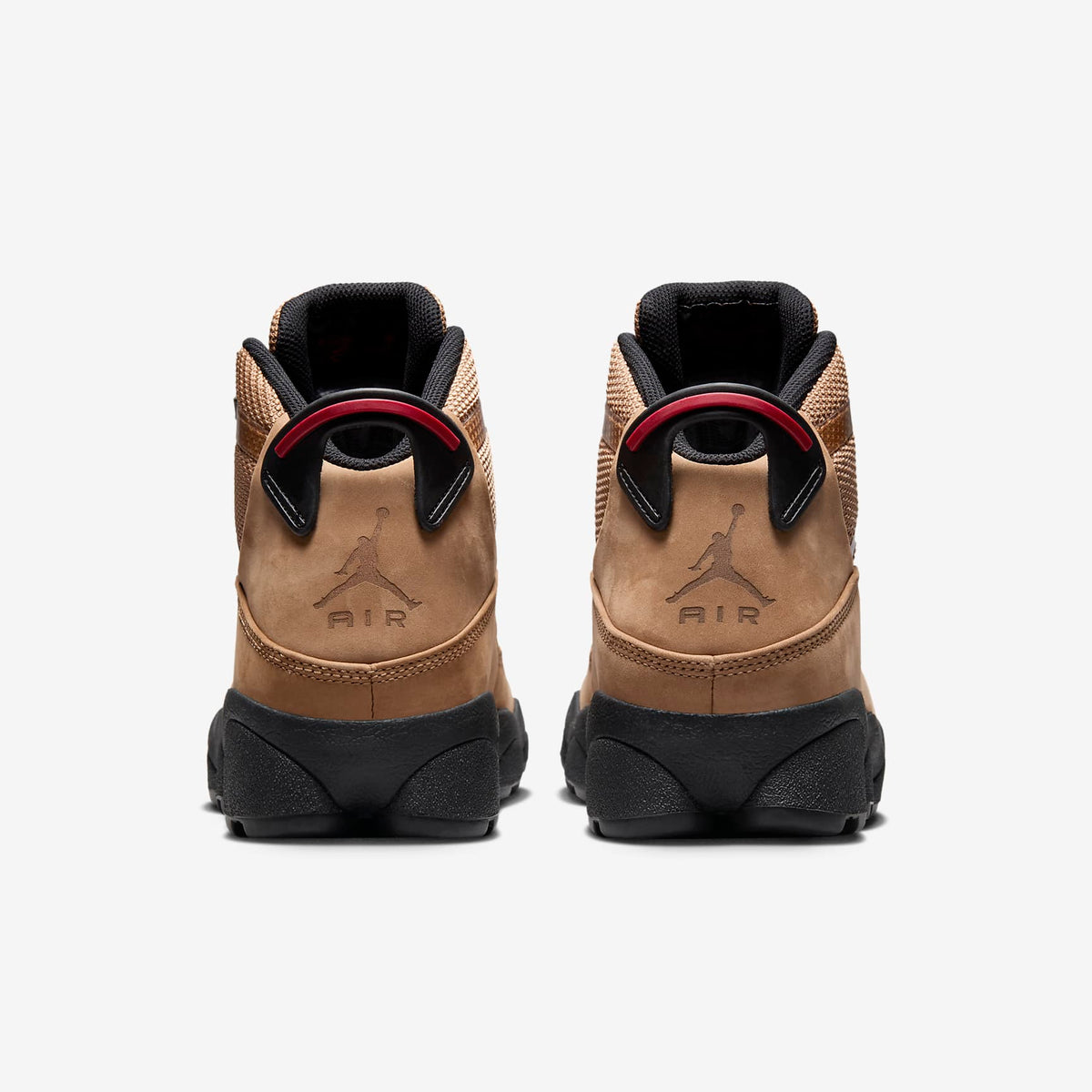 Jordan Winterized 6 Rings back view of pair in Rocky Tan with Jumpman AIR heel, black sole and Varsity Red pull tabs