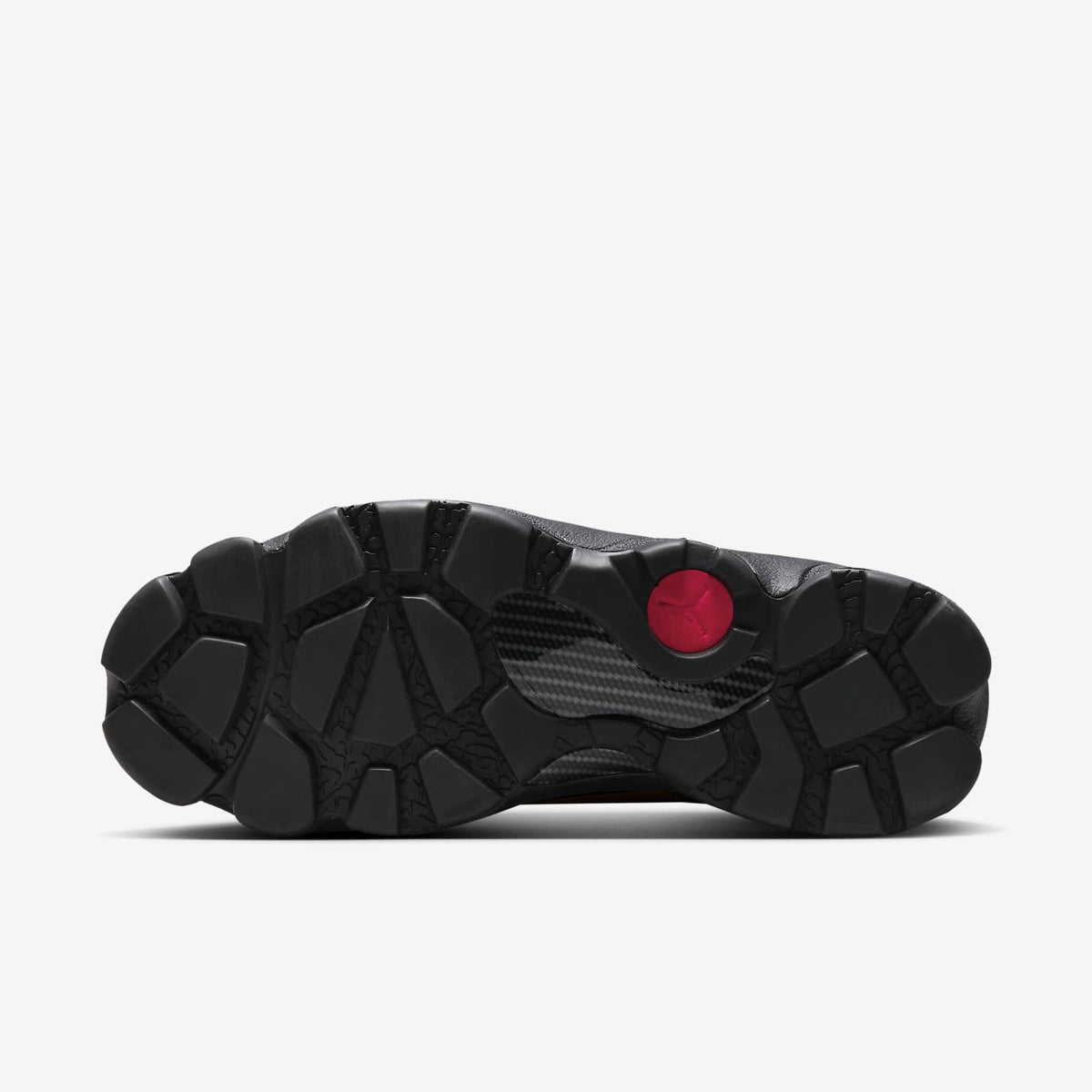 Jordan Winterized 6 Rings sole view, black lugged rubber outsole with carbon fiber plate and Varsity Red Jumpman pod