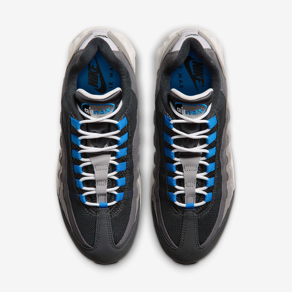 Nike Air Max 95 Big Bubble pair, top view of Anthracite mesh upper with Blue Spark lace loops and white laces