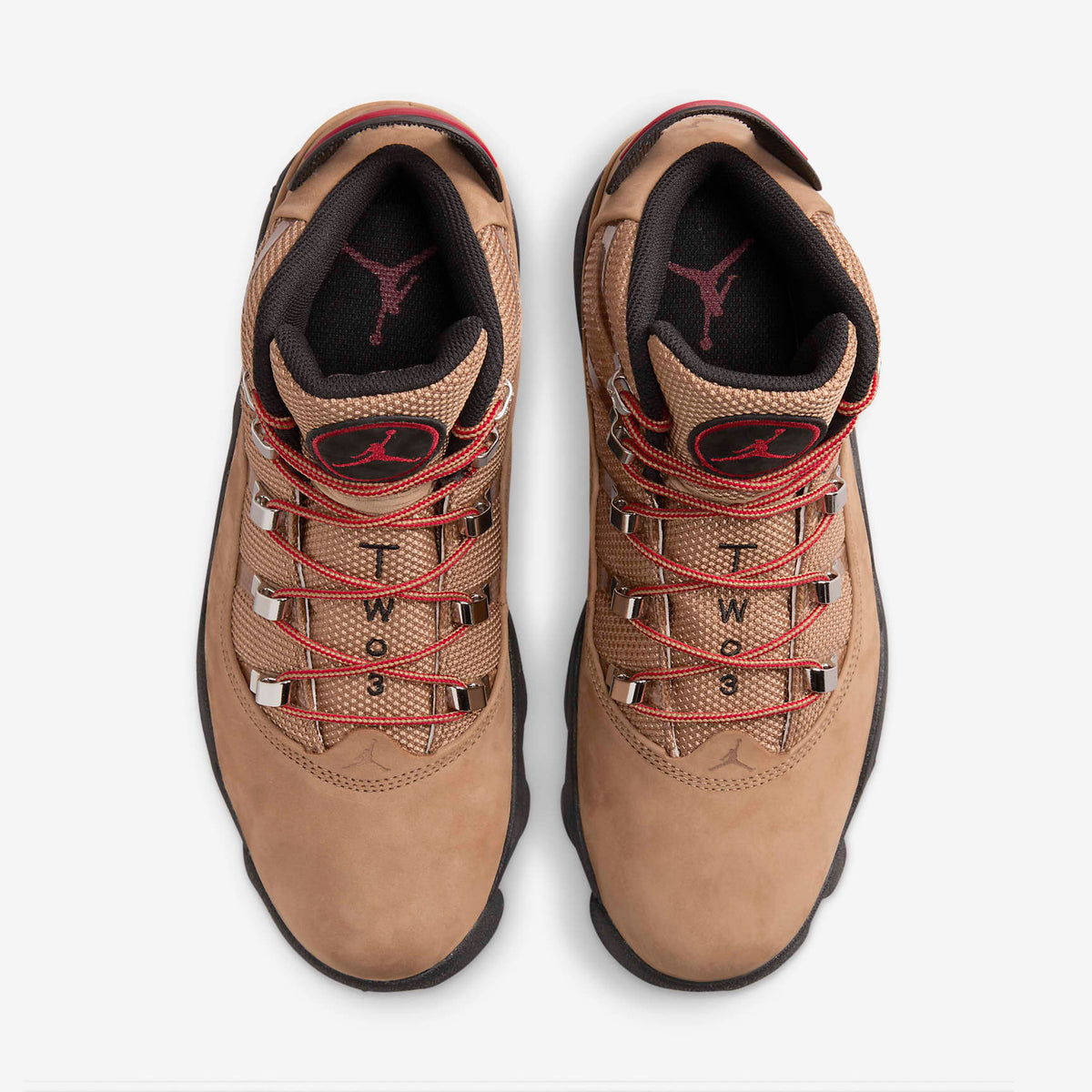Jordan Winterized 6 Rings top view of pair in Rocky Tan nubuck, Varsity Red laces, metal hooks, TWO3 on tongue